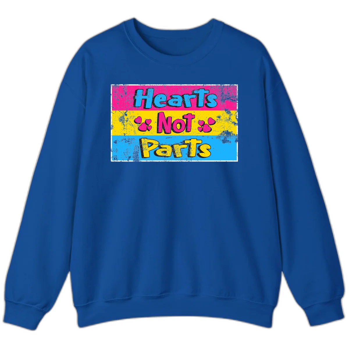 Hearts Not Parts design: magenta, yellow, and blue color-blocked graphic with distressed typography and pink hearts celebrating trans and non-binary identity in Royal
