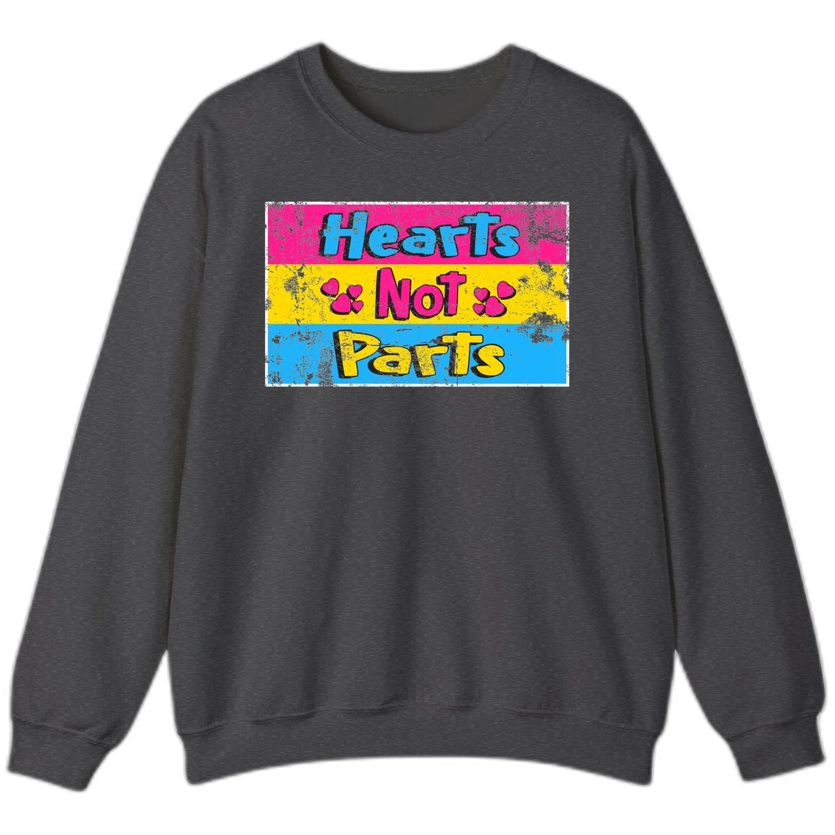 Hearts Not Parts design: magenta, yellow, and blue color-blocked graphic with distressed typography and pink hearts celebrating trans and non-binary identity in Dark Heather