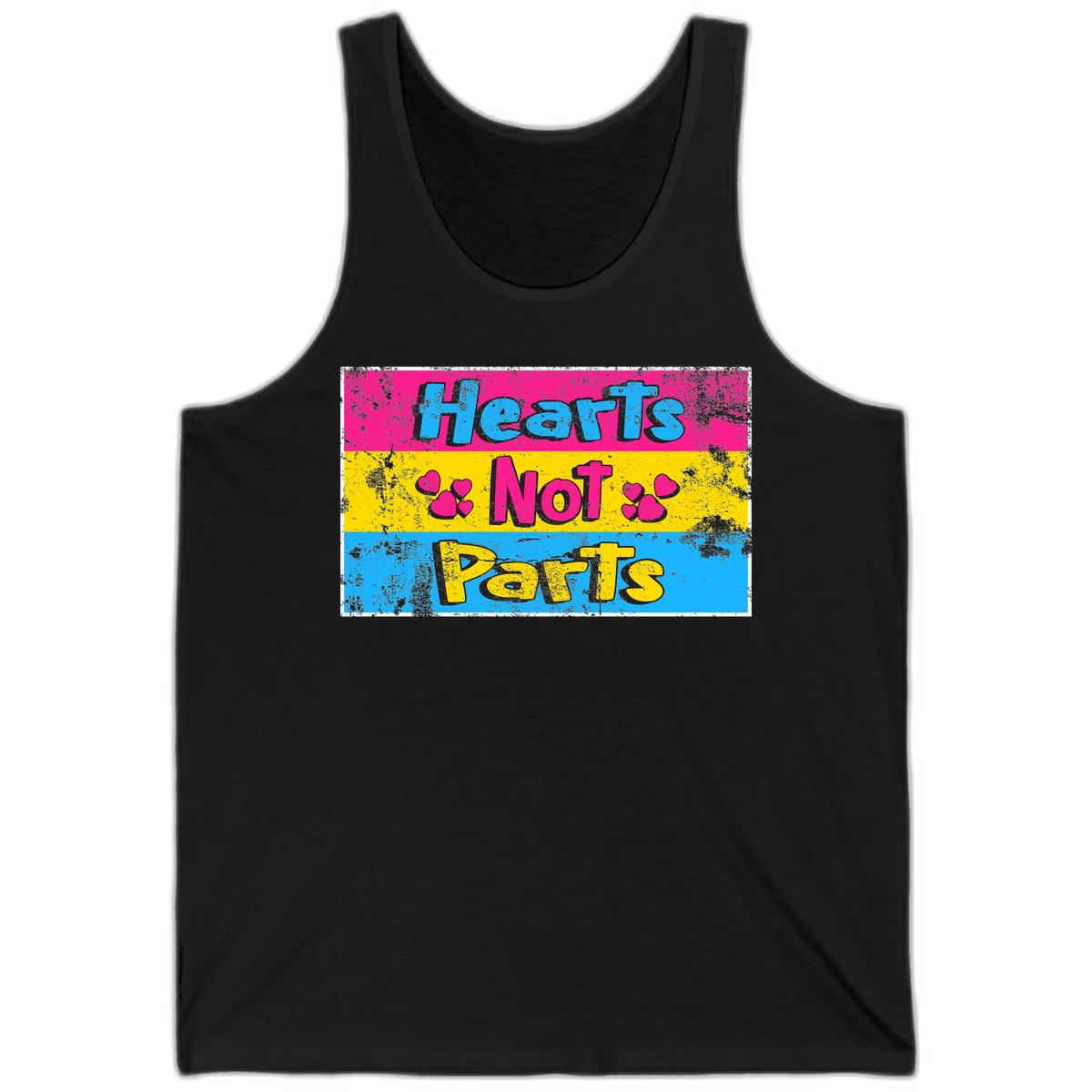 Hearts Not Parts design: magenta, yellow, and blue color-blocked graphic with distressed typography and pink hearts celebrating trans and non-binary identity in Black