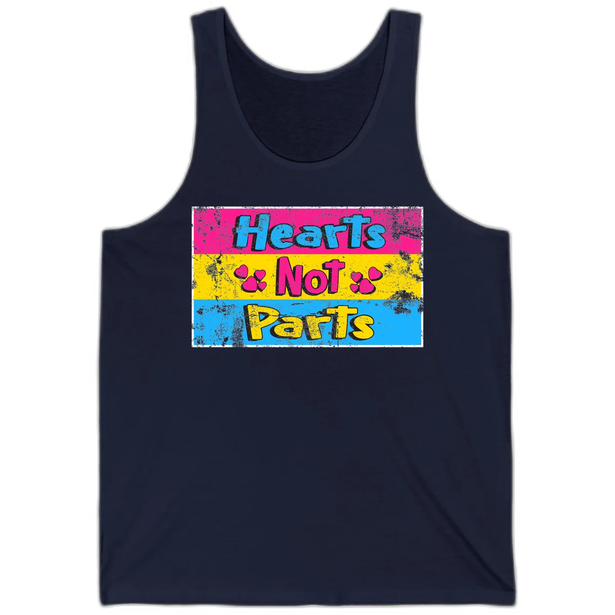 Hearts Not Parts design: magenta, yellow, and blue color-blocked graphic with distressed typography and pink hearts celebrating trans and non-binary identity in Navy