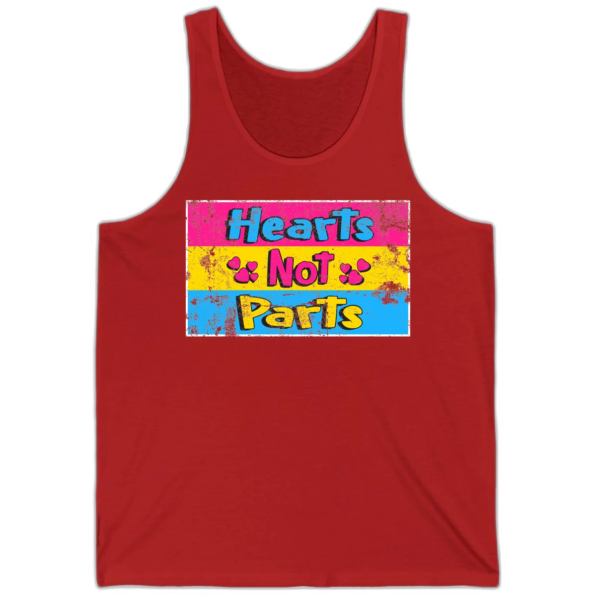 Hearts Not Parts design: magenta, yellow, and blue color-blocked graphic with distressed typography and pink hearts celebrating trans and non-binary identity in Red