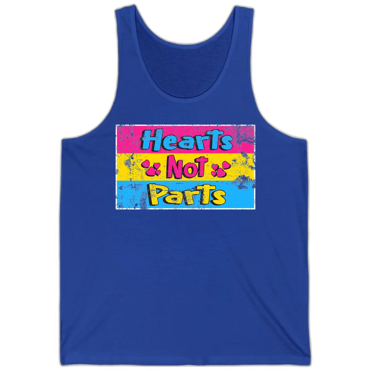 Hearts Not Parts design: magenta, yellow, and blue color-blocked graphic with distressed typography and pink hearts celebrating trans and non-binary identity in True Royal
