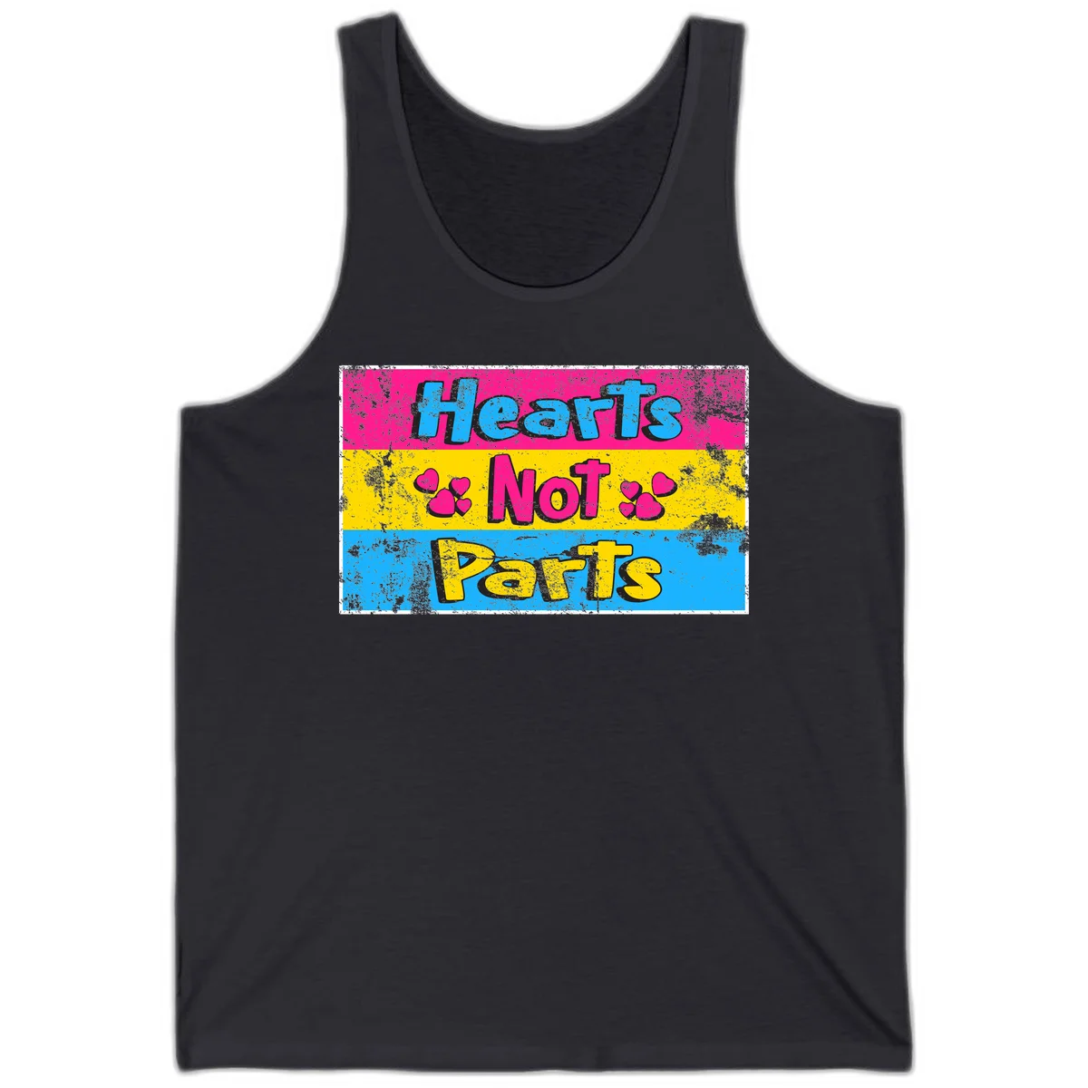 Hearts Not Parts design: magenta, yellow, and blue color-blocked graphic with distressed typography and pink hearts celebrating trans and non-binary identity in Dark Grey
