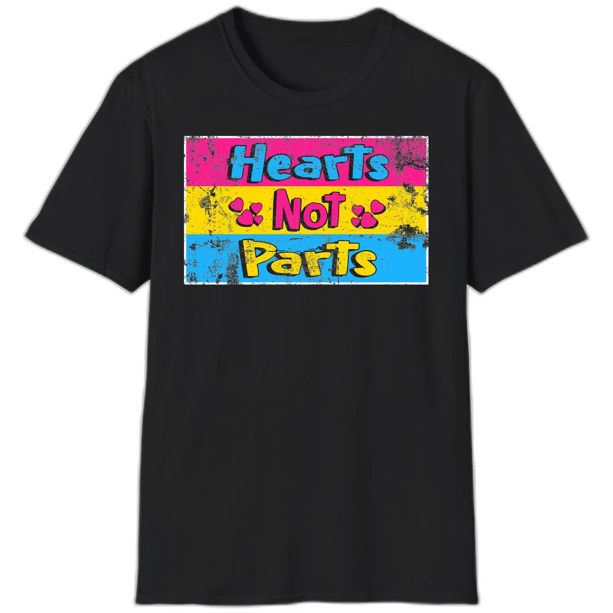 Hearts Not Parts design: magenta, yellow, and blue color-blocked graphic with distressed typography and pink hearts celebrating trans and non-binary identity in Black