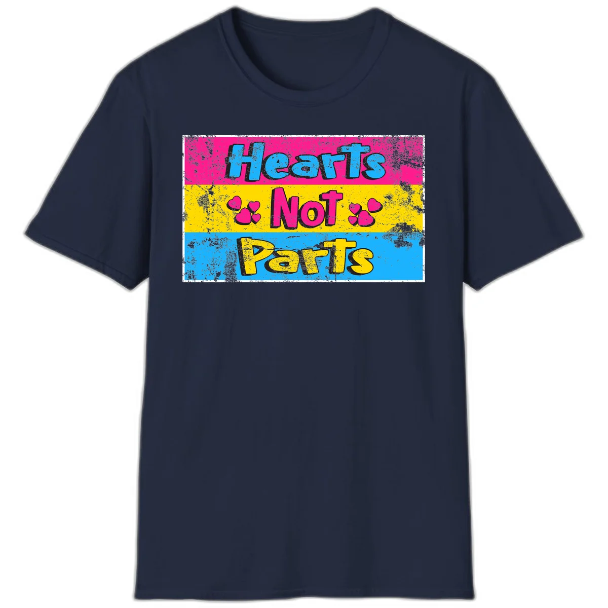 Hearts Not Parts design: magenta, yellow, and blue color-blocked graphic with distressed typography and pink hearts celebrating trans and non-binary identity in Navy