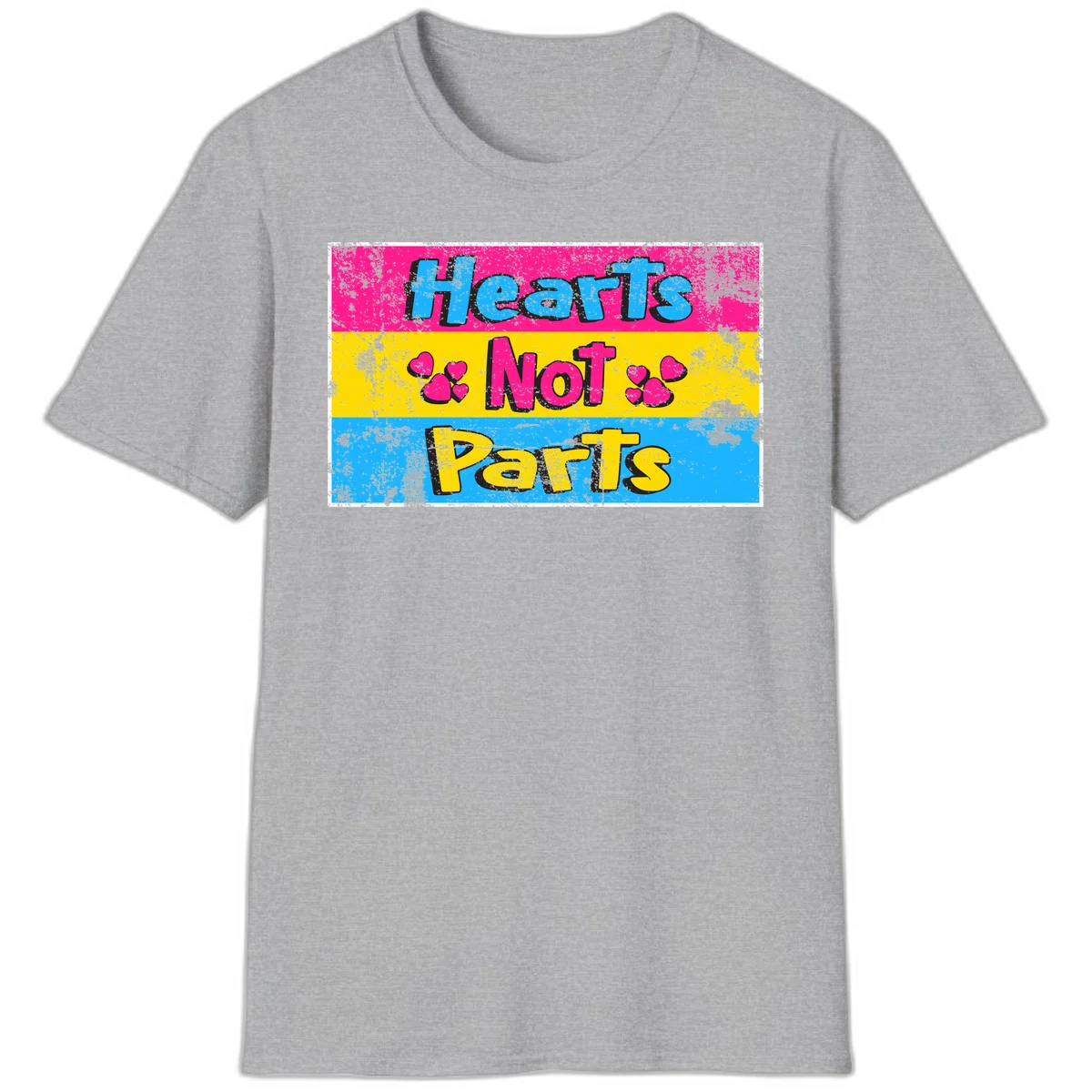 Hearts Not Parts design: magenta, yellow, and blue color-blocked graphic with distressed typography and pink hearts celebrating trans and non-binary identity in Sport Grey