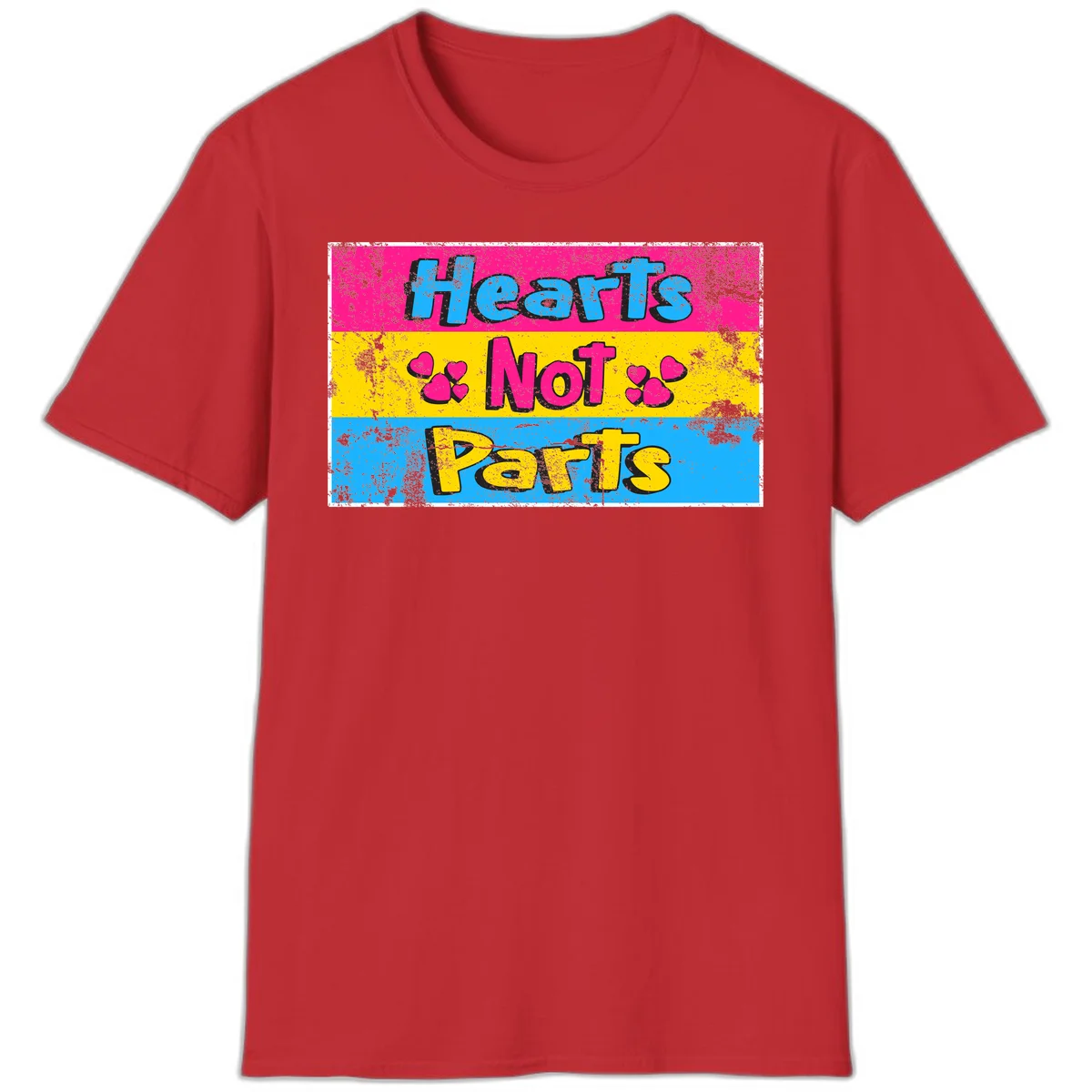 Hearts Not Parts design: magenta, yellow, and blue color-blocked graphic with distressed typography and pink hearts celebrating trans and non-binary identity in Red
