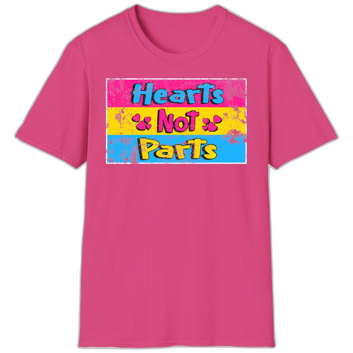 Hearts Not Parts design: magenta, yellow, and blue color-blocked graphic with distressed typography and pink hearts celebrating trans and non-binary identity in Heliconia