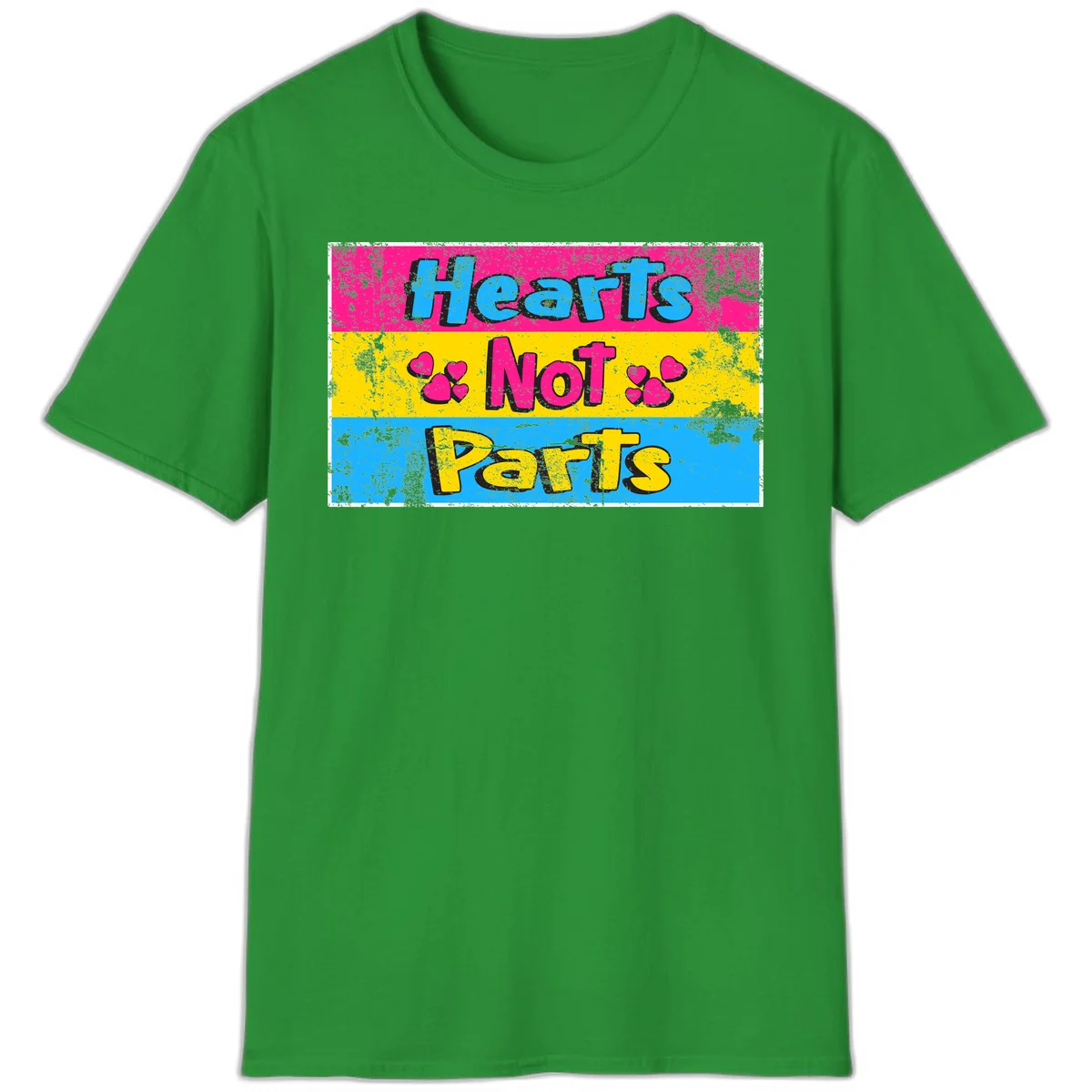 Hearts Not Parts design: magenta, yellow, and blue color-blocked graphic with distressed typography and pink hearts celebrating trans and non-binary identity in Irish Green