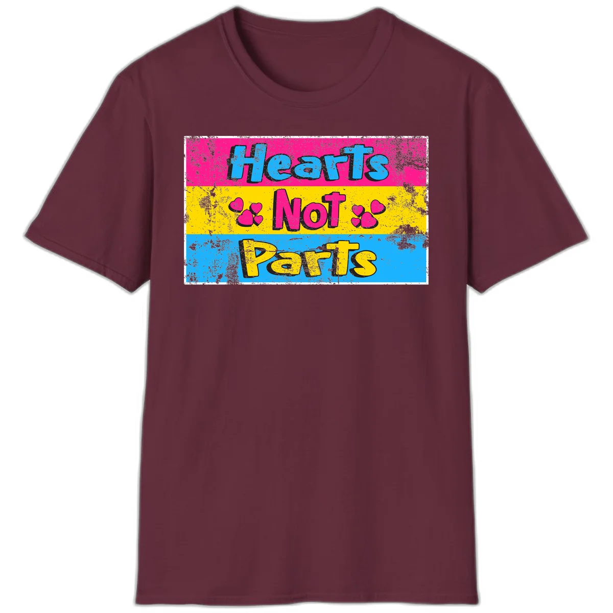 Hearts Not Parts design: magenta, yellow, and blue color-blocked graphic with distressed typography and pink hearts celebrating trans and non-binary identity in Maroon