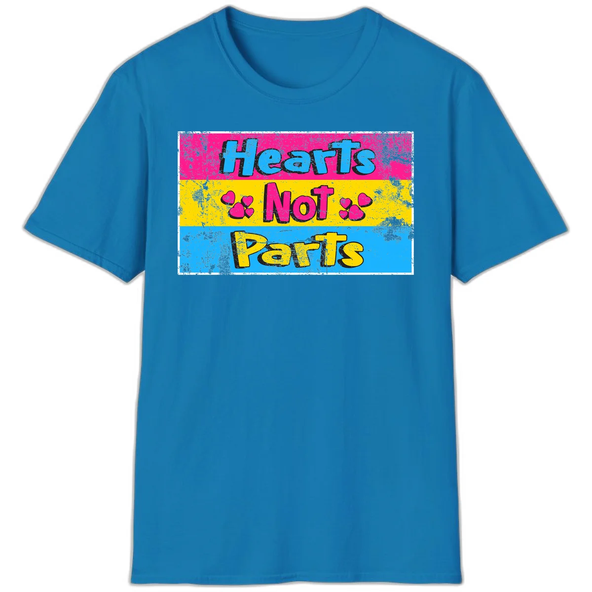 Hearts Not Parts design: magenta, yellow, and blue color-blocked graphic with distressed typography and pink hearts celebrating trans and non-binary identity in Sapphire