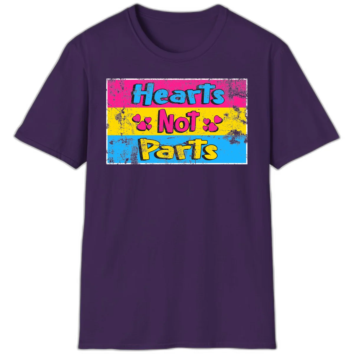 Hearts Not Parts design: magenta, yellow, and blue color-blocked graphic with distressed typography and pink hearts celebrating trans and non-binary identity in Purple
