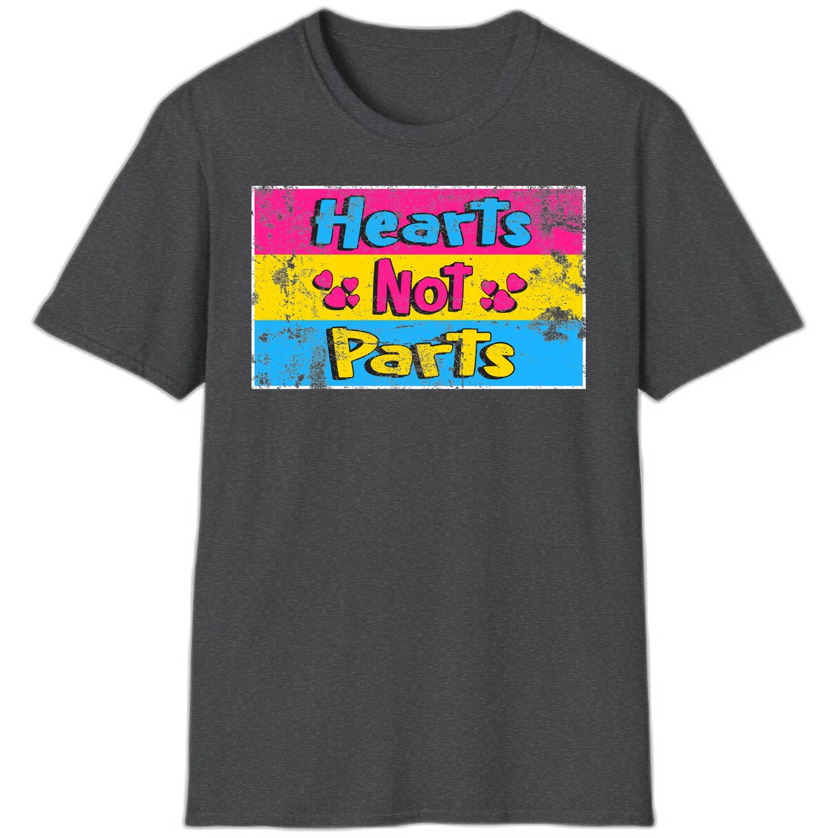Hearts Not Parts design: magenta, yellow, and blue color-blocked graphic with distressed typography and pink hearts celebrating trans and non-binary identity in Dark Heather