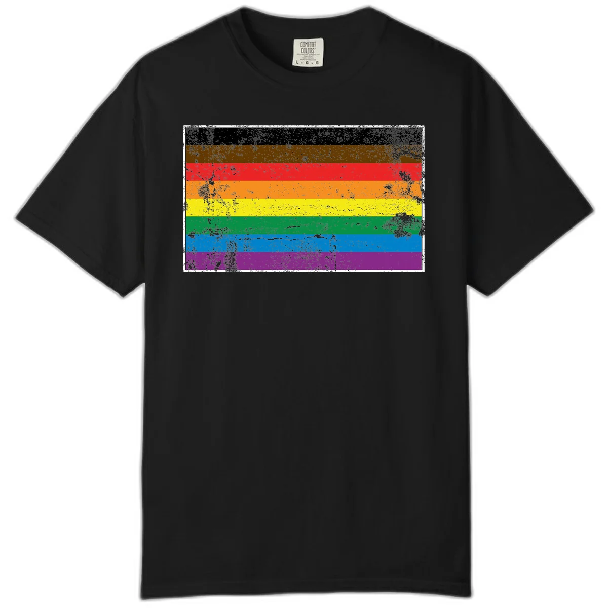 Distressed rainbow pride flag with eight horizontal stripes in black, brown, red, orange, yellow, green, blue, and purple in Black