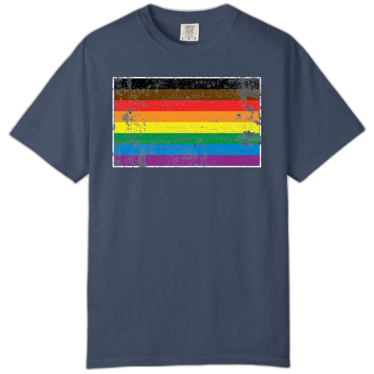 Distressed rainbow pride flag with eight horizontal stripes in black, brown, red, orange, yellow, green, blue, and purple in Midnight