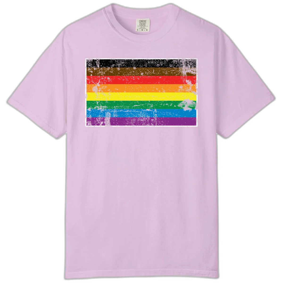 Distressed rainbow pride flag with eight horizontal stripes in black, brown, red, orange, yellow, green, blue, and purple in Orchid