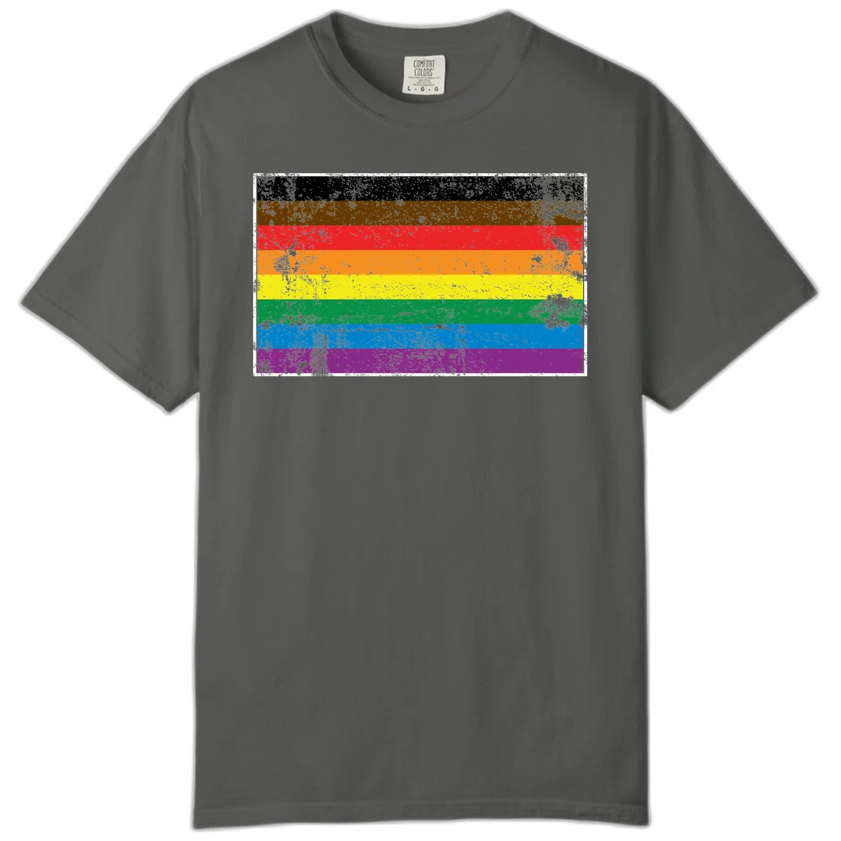 Distressed rainbow pride flag with eight horizontal stripes in black, brown, red, orange, yellow, green, blue, and purple in Pepper