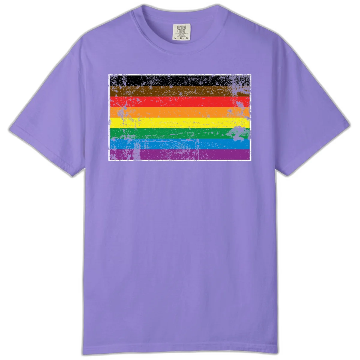 Distressed rainbow pride flag with eight horizontal stripes in black, brown, red, orange, yellow, green, blue, and purple in Violet