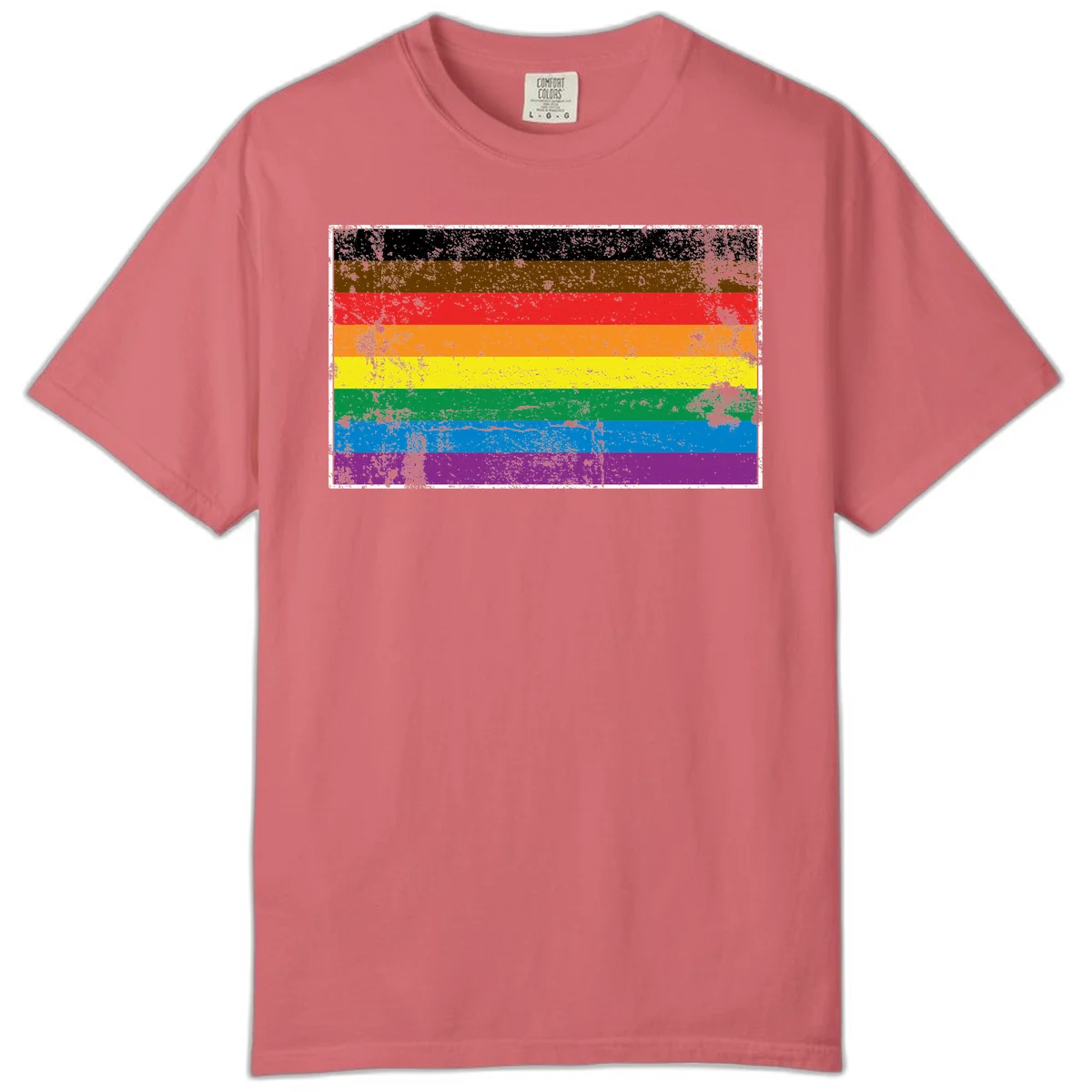 Distressed rainbow pride flag with eight horizontal stripes in black, brown, red, orange, yellow, green, blue, and purple in Watermelon