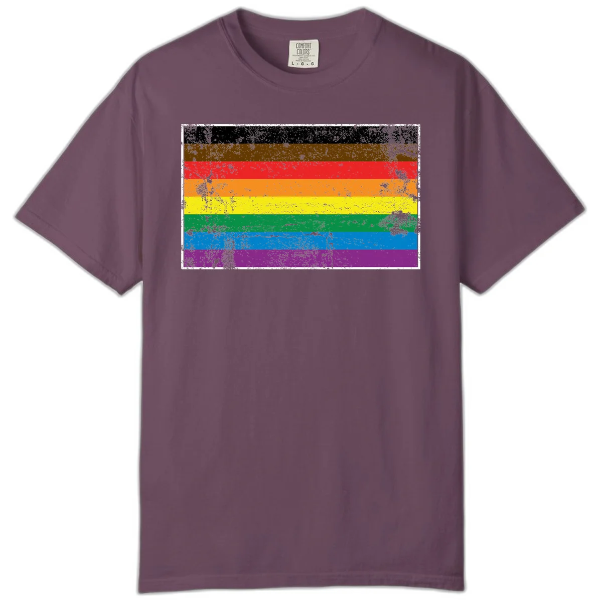 Distressed rainbow pride flag with eight horizontal stripes in black, brown, red, orange, yellow, green, blue, and purple in Berry