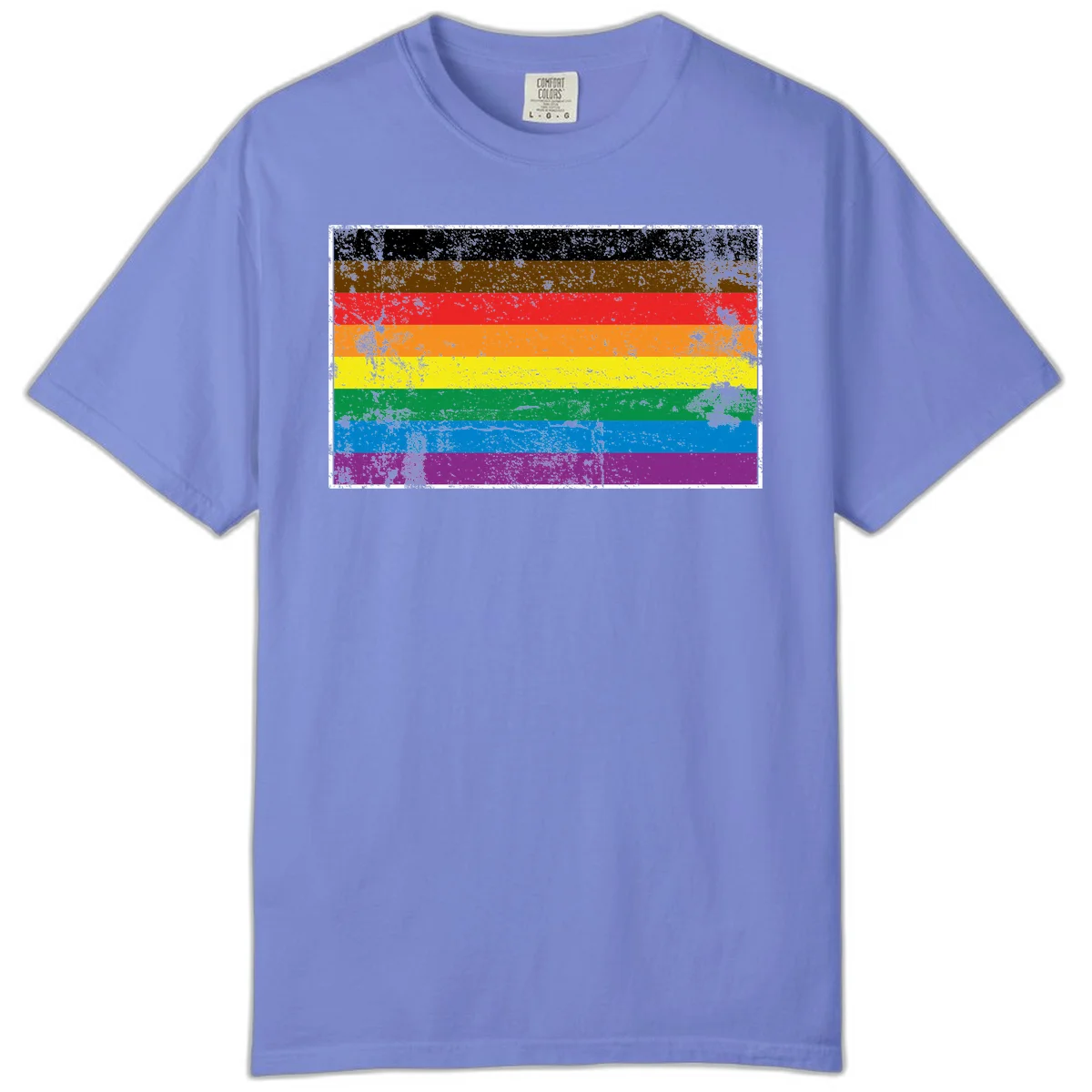 Distressed rainbow pride flag with eight horizontal stripes in black, brown, red, orange, yellow, green, blue, and purple in Flo Blue