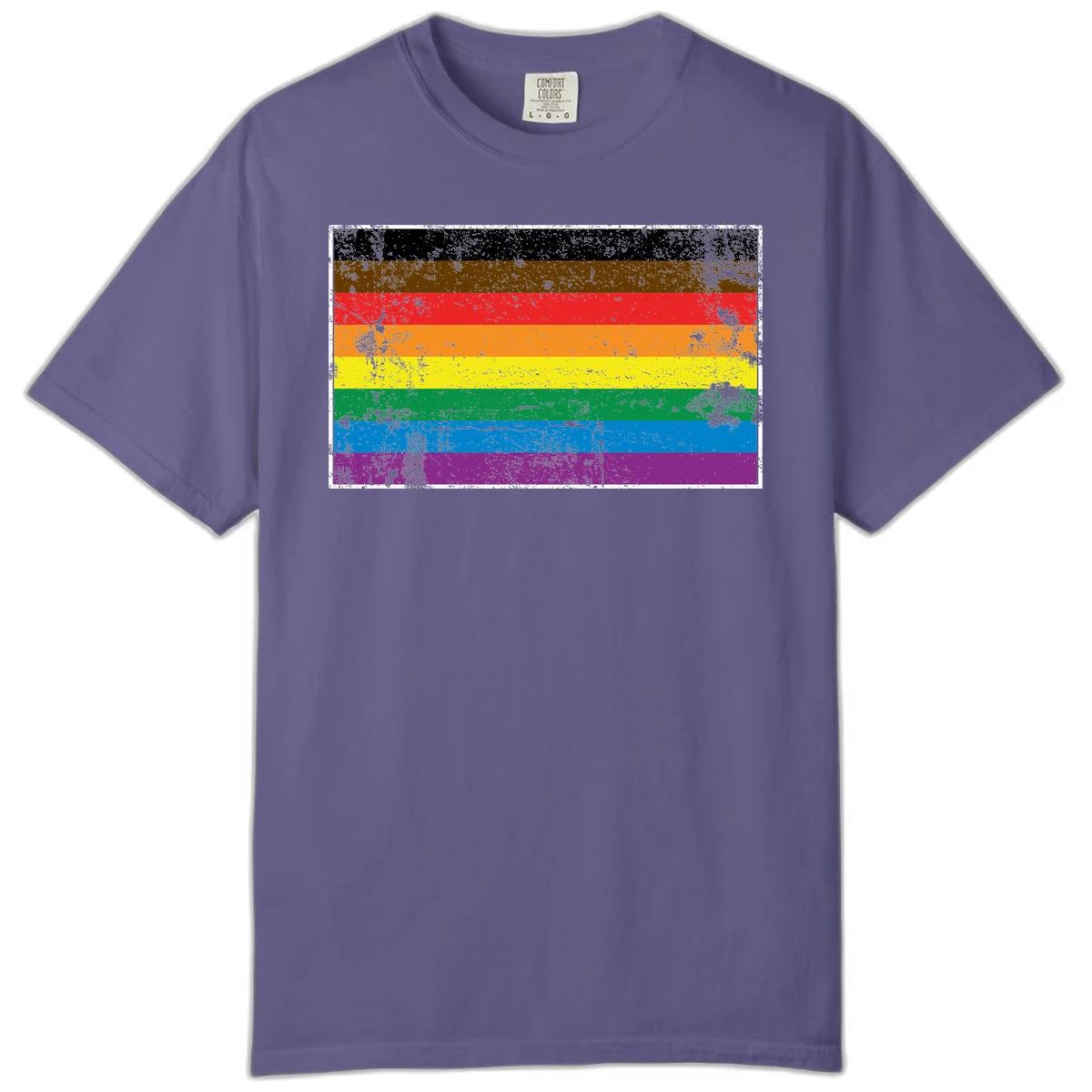 Distressed rainbow pride flag with eight horizontal stripes in black, brown, red, orange, yellow, green, blue, and purple in Grape