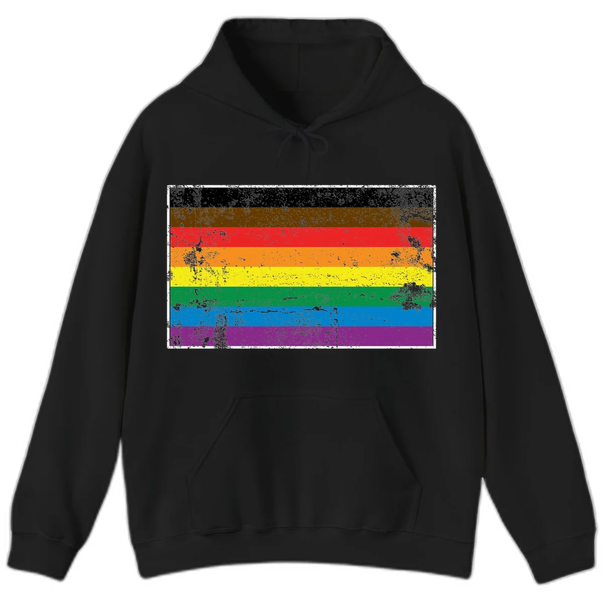 Distressed rainbow pride flag with eight horizontal stripes in black, brown, red, orange, yellow, green, blue, and purple in Black