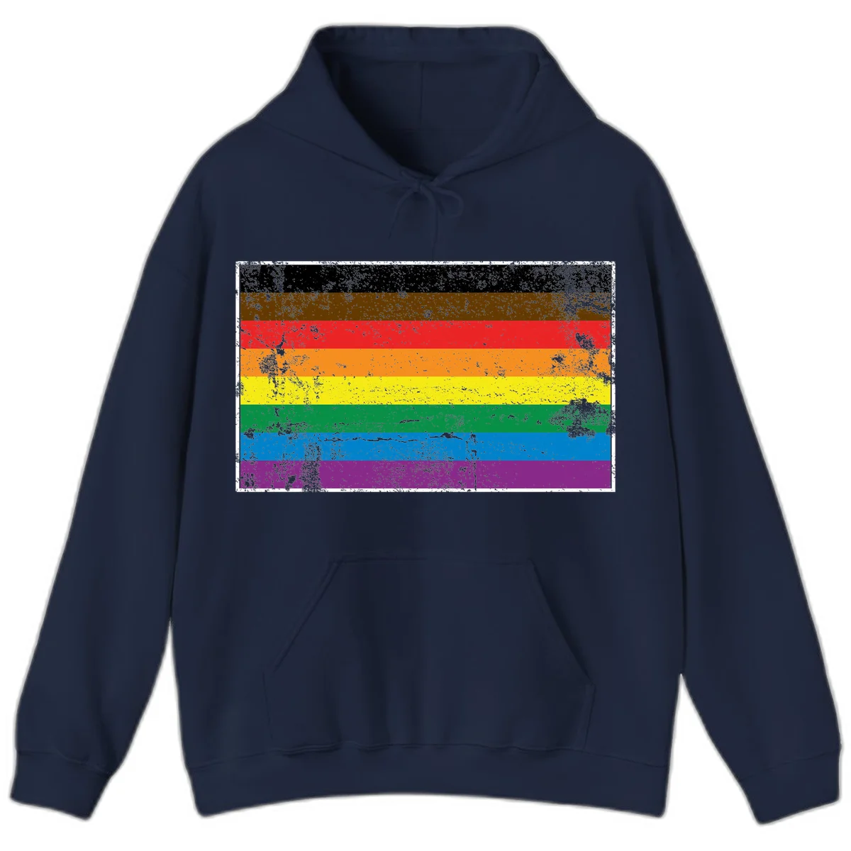 Distressed rainbow pride flag with eight horizontal stripes in black, brown, red, orange, yellow, green, blue, and purple in Navy