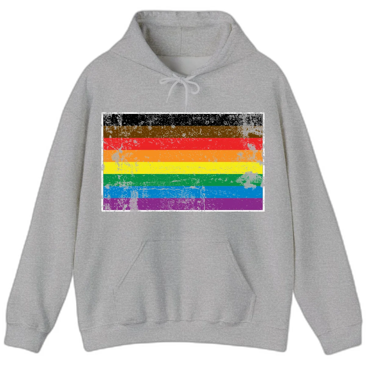 Distressed rainbow pride flag with eight horizontal stripes in black, brown, red, orange, yellow, green, blue, and purple in Sport Grey