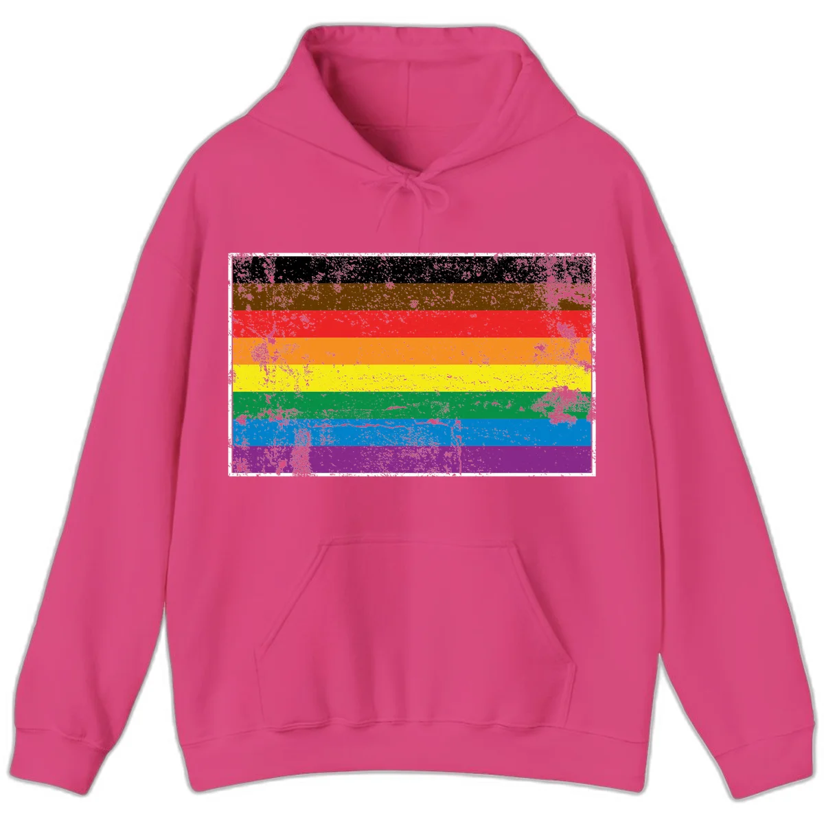 Distressed rainbow pride flag with eight horizontal stripes in black, brown, red, orange, yellow, green, blue, and purple in Heliconia