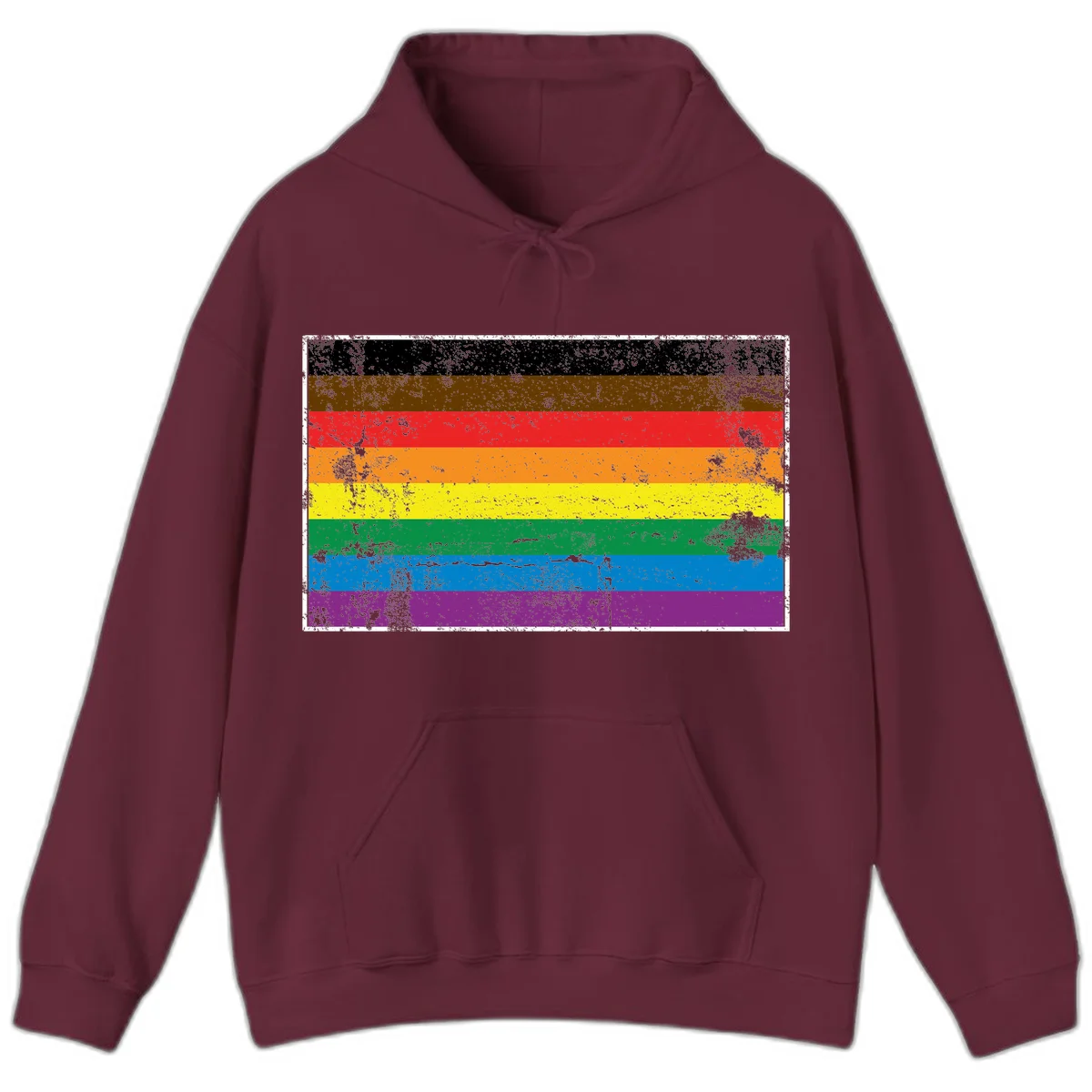 Distressed rainbow pride flag with eight horizontal stripes in black, brown, red, orange, yellow, green, blue, and purple in Maroon