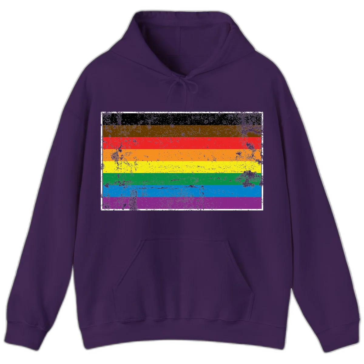 Distressed rainbow pride flag with eight horizontal stripes in black, brown, red, orange, yellow, green, blue, and purple in Purple