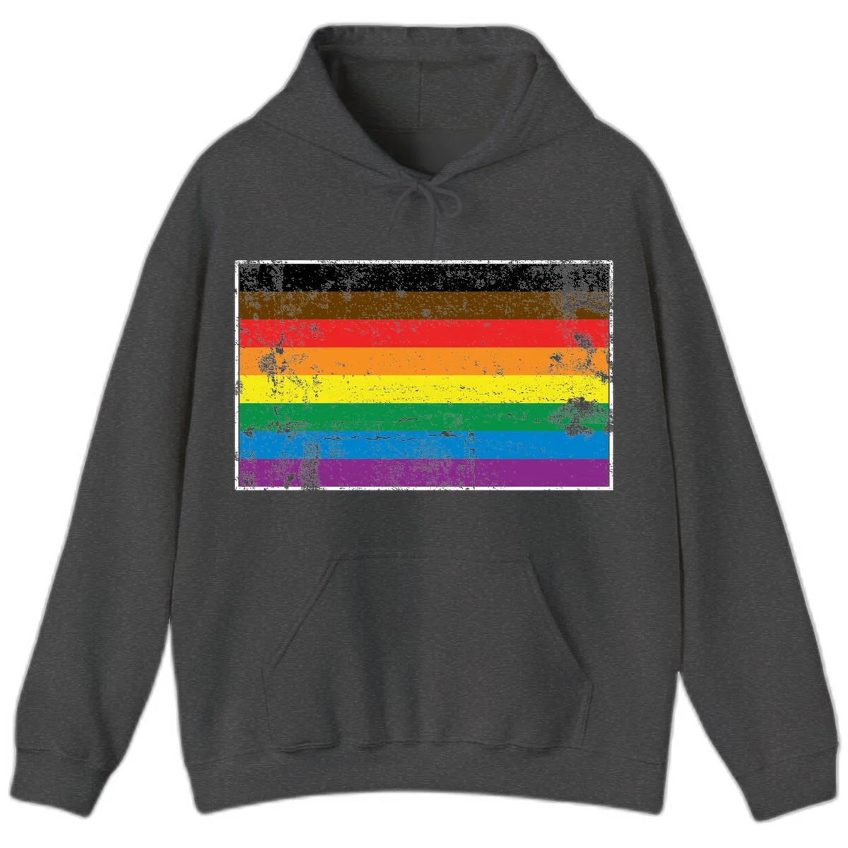 Distressed rainbow pride flag with eight horizontal stripes in black, brown, red, orange, yellow, green, blue, and purple in Dark Heather