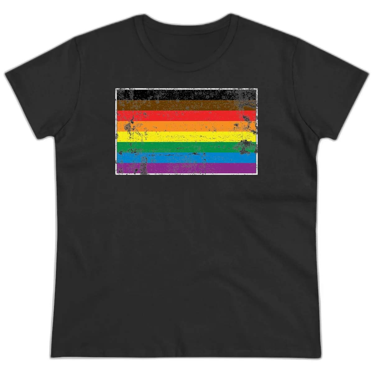 Distressed rainbow pride flag with eight horizontal stripes in black, brown, red, orange, yellow, green, blue, and purple in Black