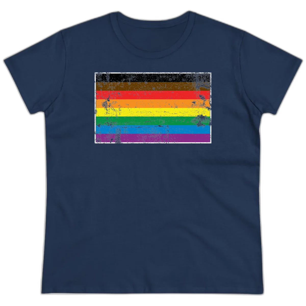 Distressed rainbow pride flag with eight horizontal stripes in black, brown, red, orange, yellow, green, blue, and purple in Navy