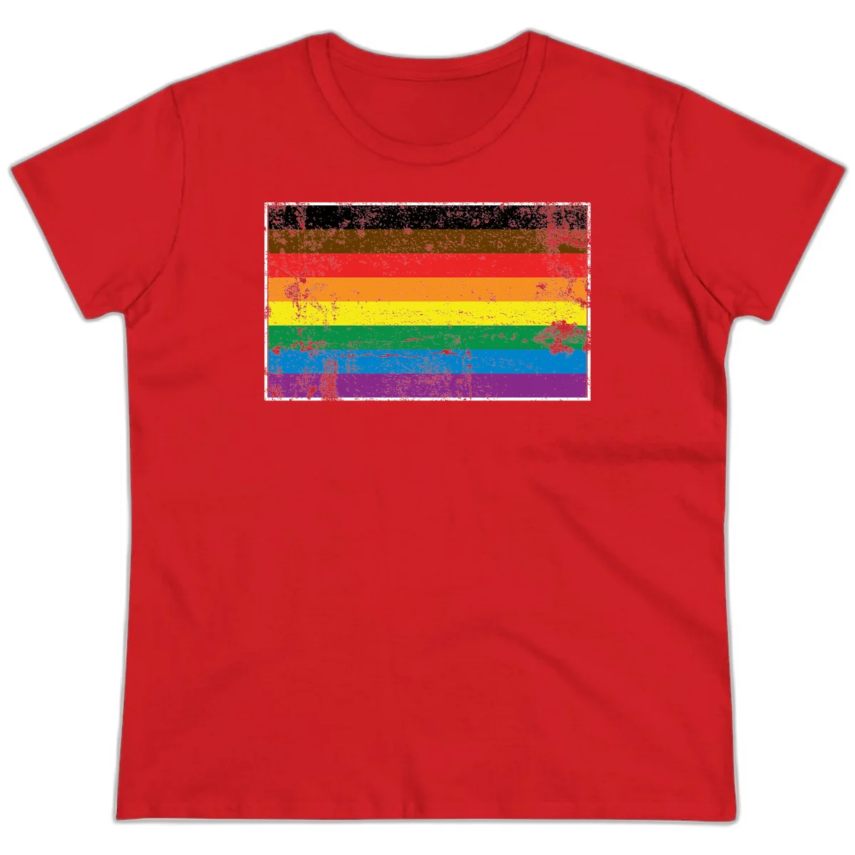 Distressed rainbow pride flag with eight horizontal stripes in black, brown, red, orange, yellow, green, blue, and purple in Red