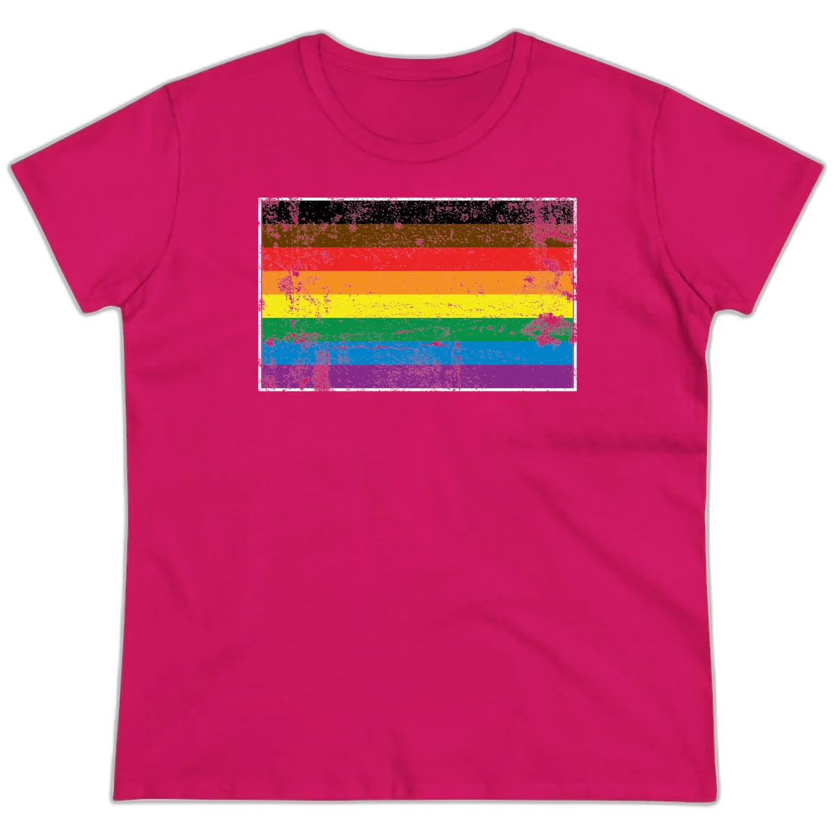 Distressed rainbow pride flag with eight horizontal stripes in black, brown, red, orange, yellow, green, blue, and purple in Heliconia