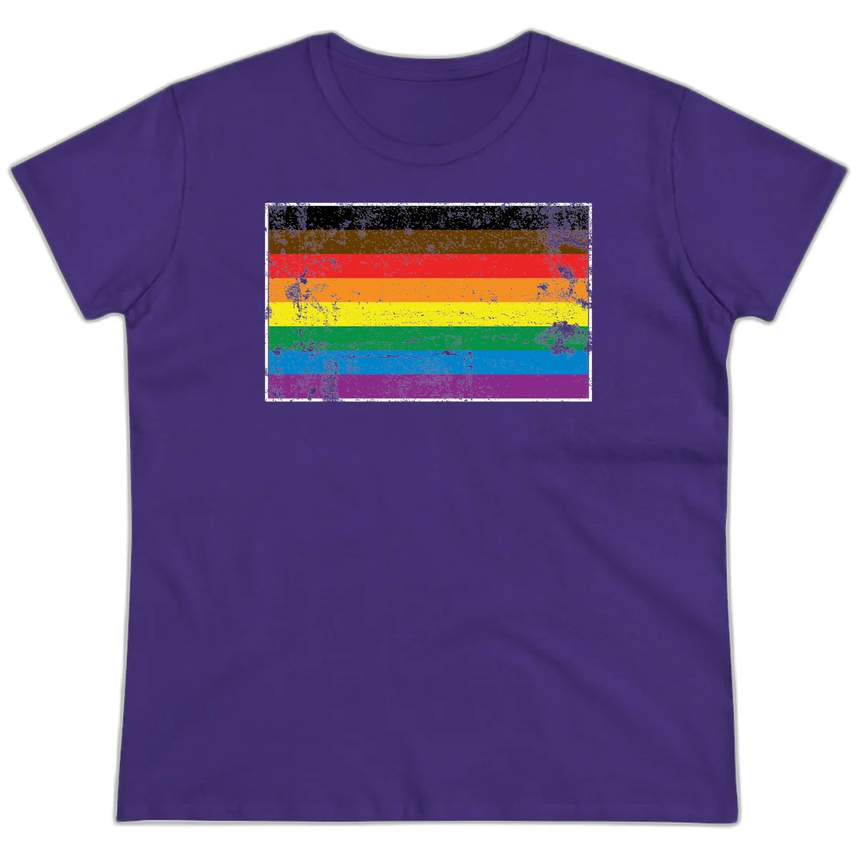 Distressed rainbow pride flag with eight horizontal stripes in black, brown, red, orange, yellow, green, blue, and purple in Purple