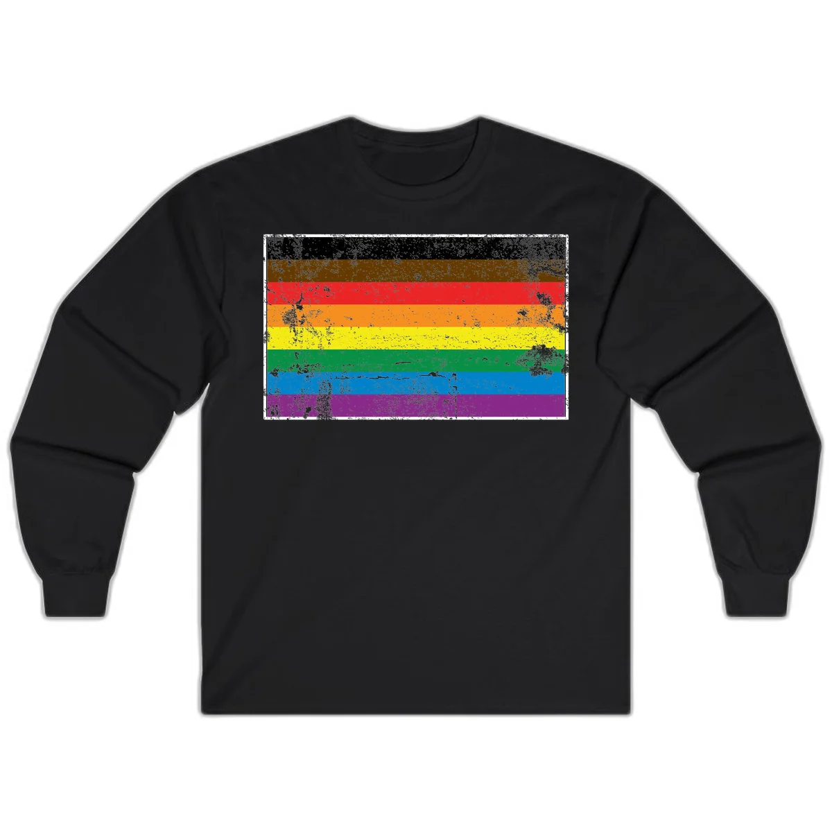Distressed rainbow pride flag with eight horizontal stripes in black, brown, red, orange, yellow, green, blue, and purple in Black