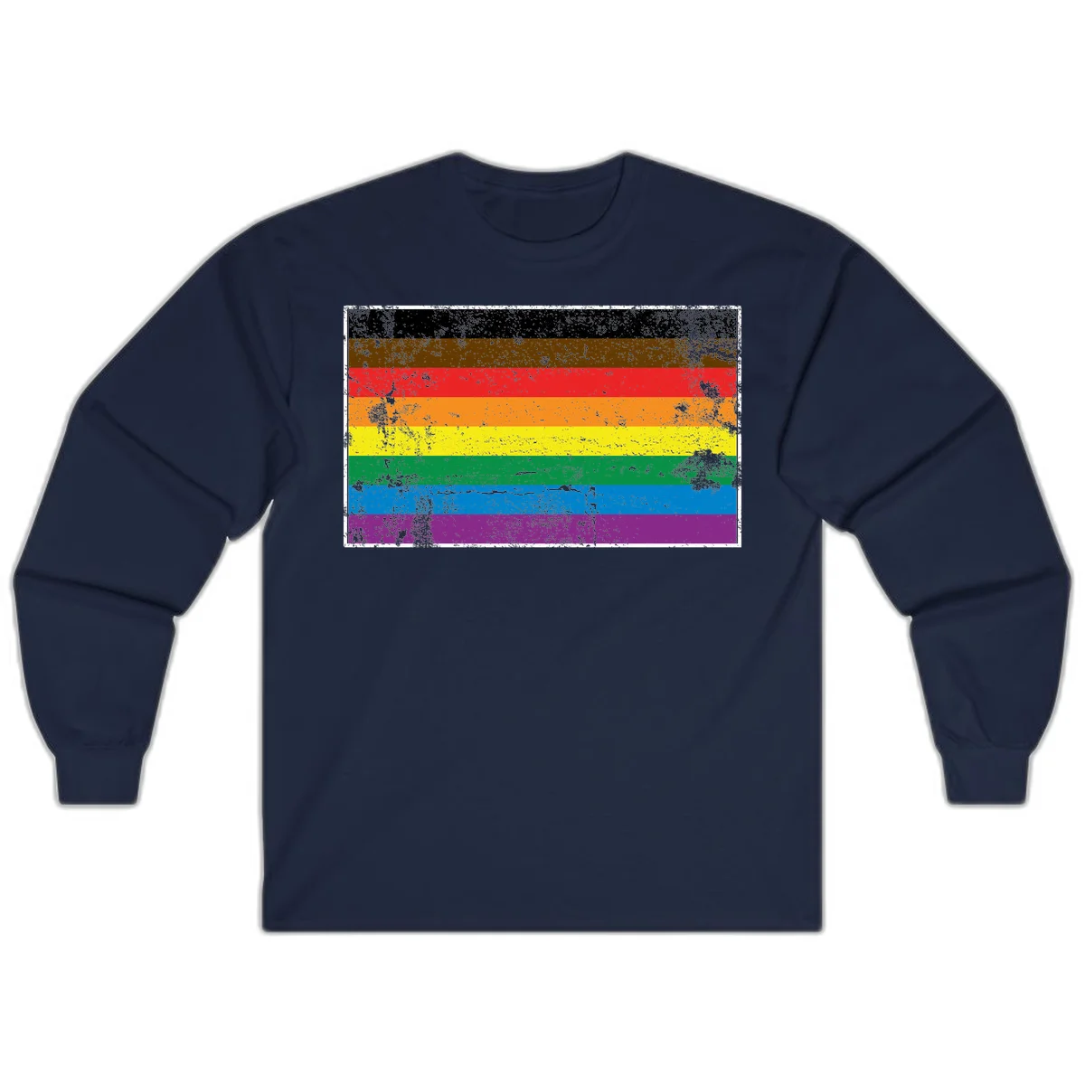 Distressed rainbow pride flag with eight horizontal stripes in black, brown, red, orange, yellow, green, blue, and purple in Navy