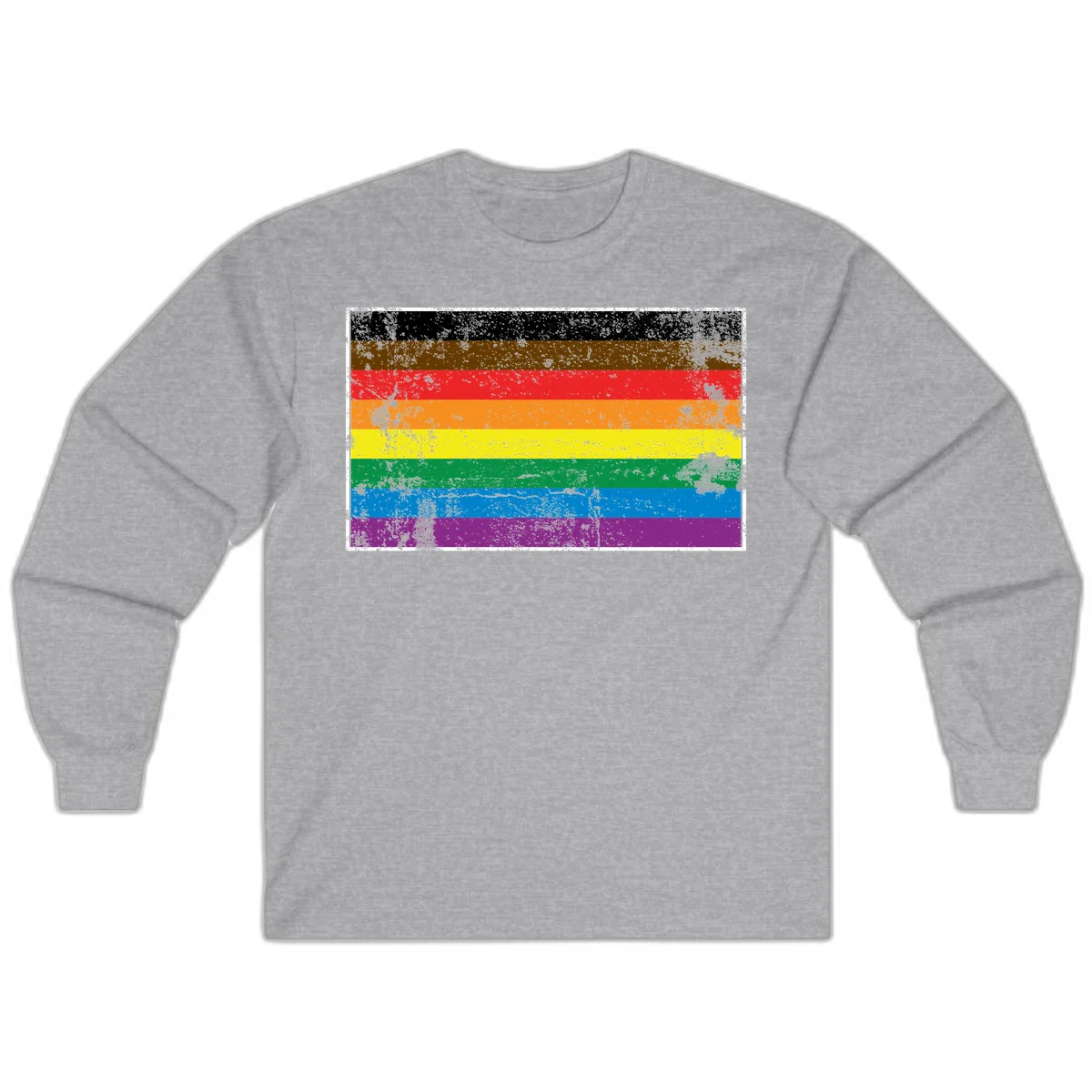Distressed rainbow pride flag with eight horizontal stripes in black, brown, red, orange, yellow, green, blue, and purple in Sport Grey