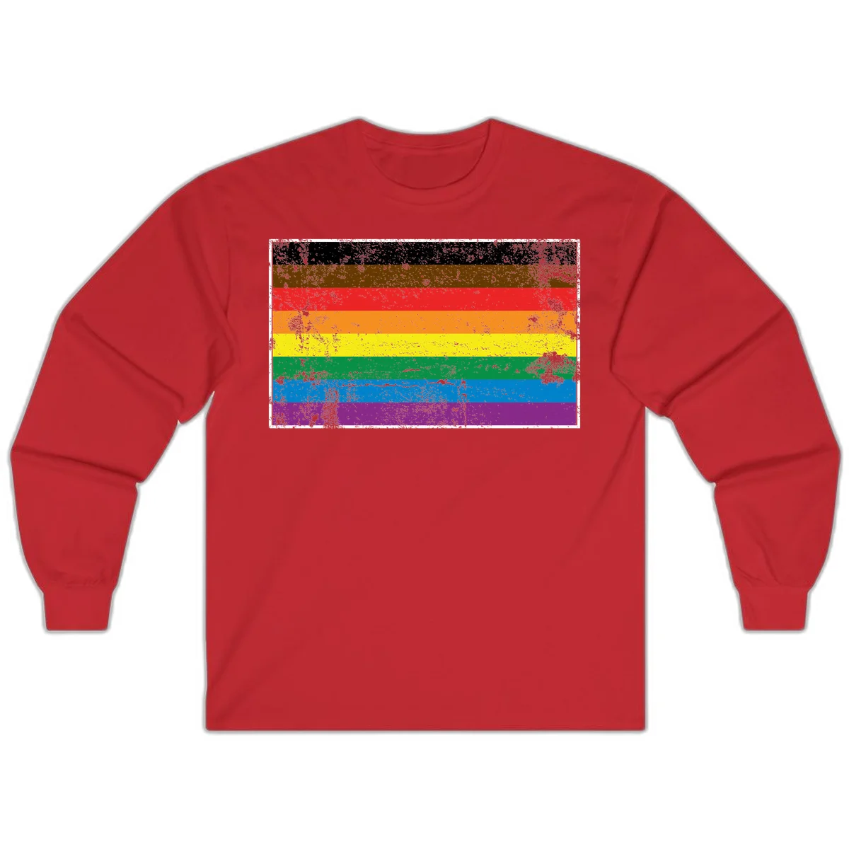 Distressed rainbow pride flag with eight horizontal stripes in black, brown, red, orange, yellow, green, blue, and purple in Red