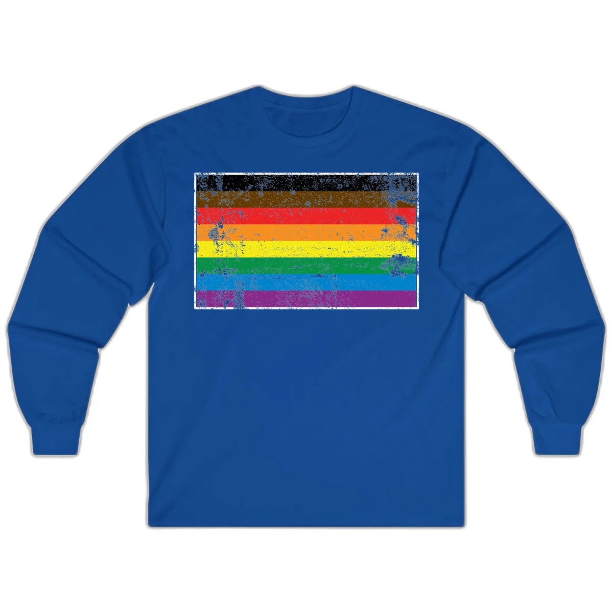 Distressed rainbow pride flag with eight horizontal stripes in black, brown, red, orange, yellow, green, blue, and purple in Royal