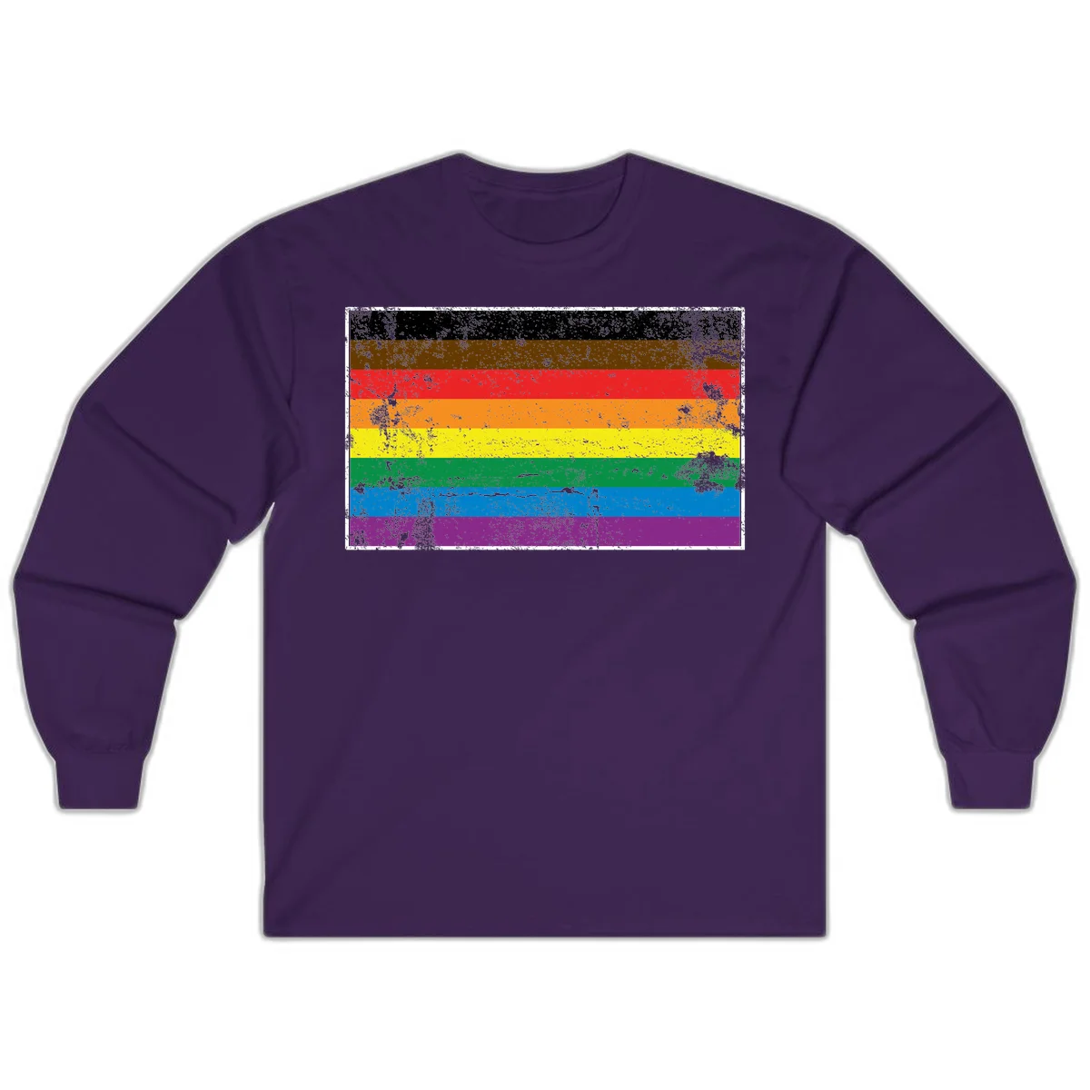 Distressed rainbow pride flag with eight horizontal stripes in black, brown, red, orange, yellow, green, blue, and purple in Purple