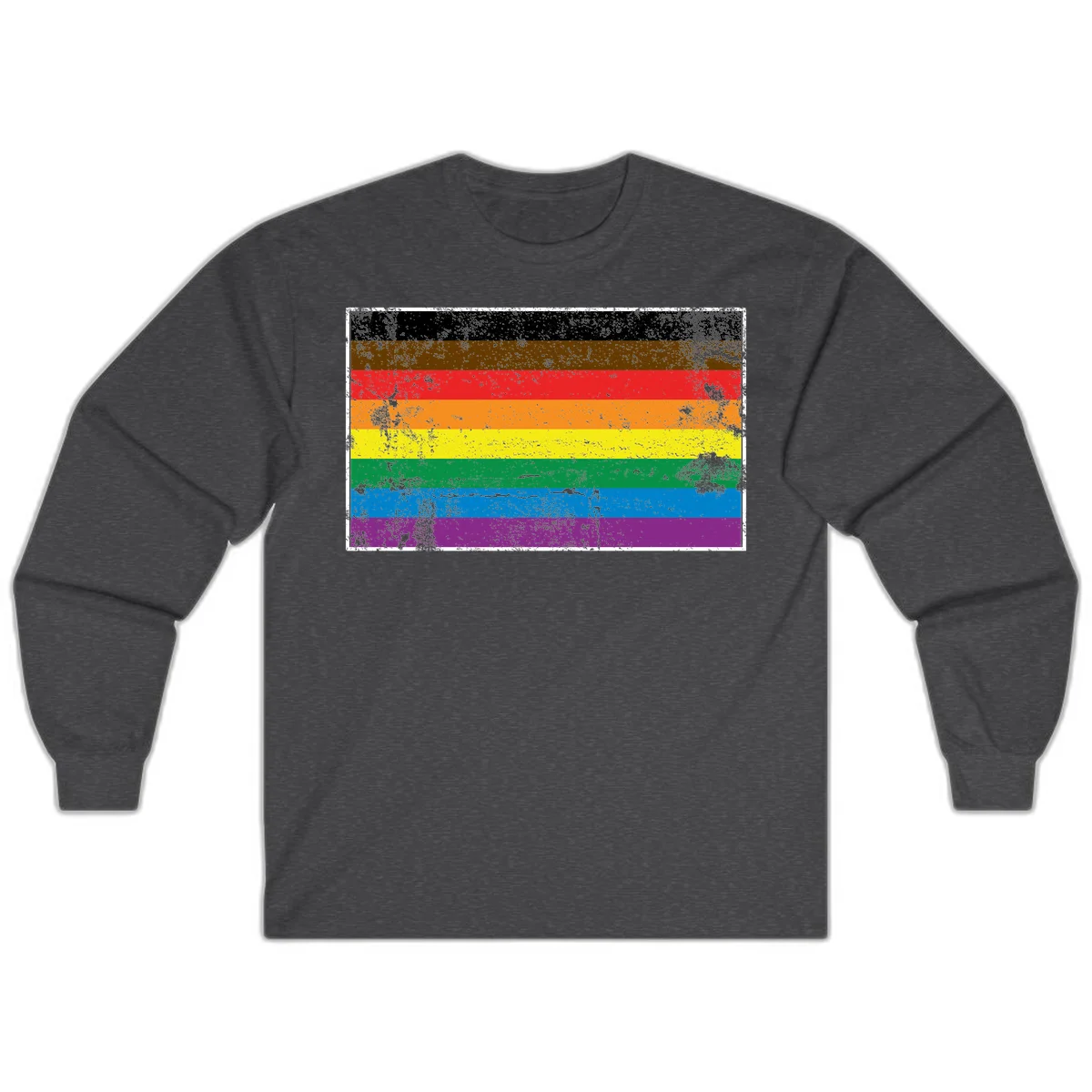 Distressed rainbow pride flag with eight horizontal stripes in black, brown, red, orange, yellow, green, blue, and purple in Dark Heather