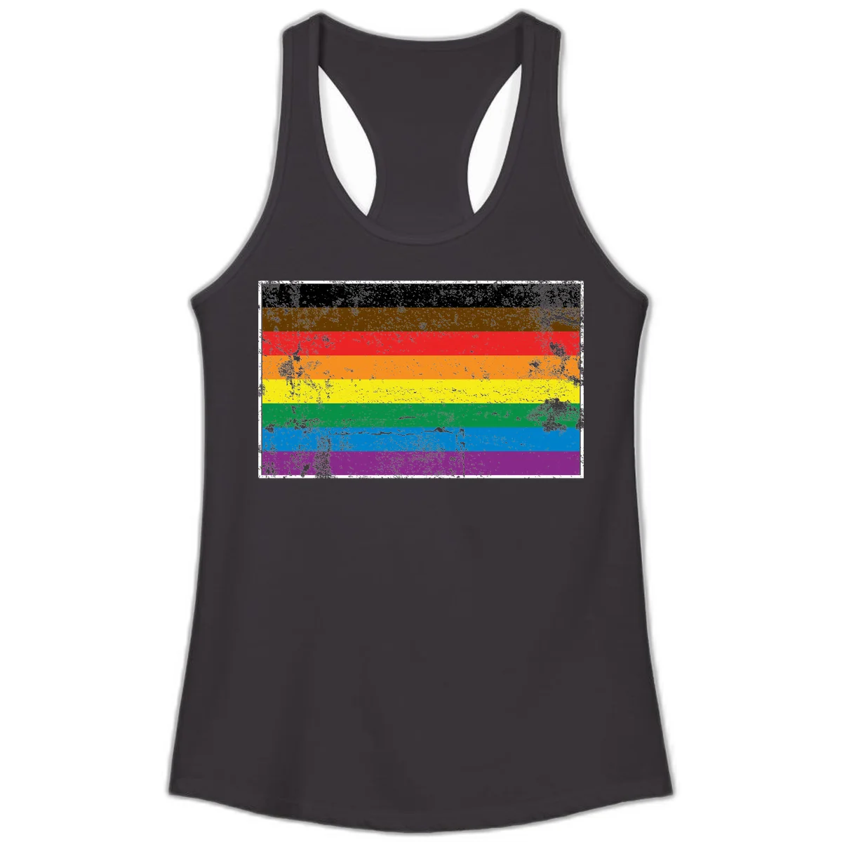 Distressed rainbow pride flag with eight horizontal stripes in black, brown, red, orange, yellow, green, blue, and purple in Black