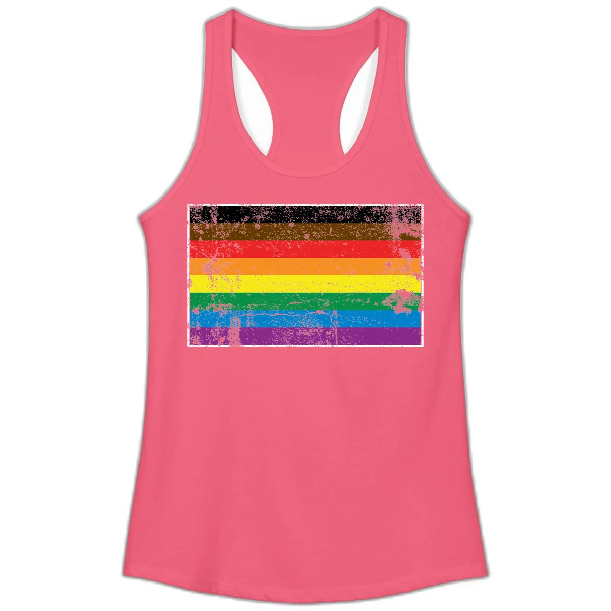 Distressed rainbow pride flag with eight horizontal stripes in black, brown, red, orange, yellow, green, blue, and purple in Hot Pink
