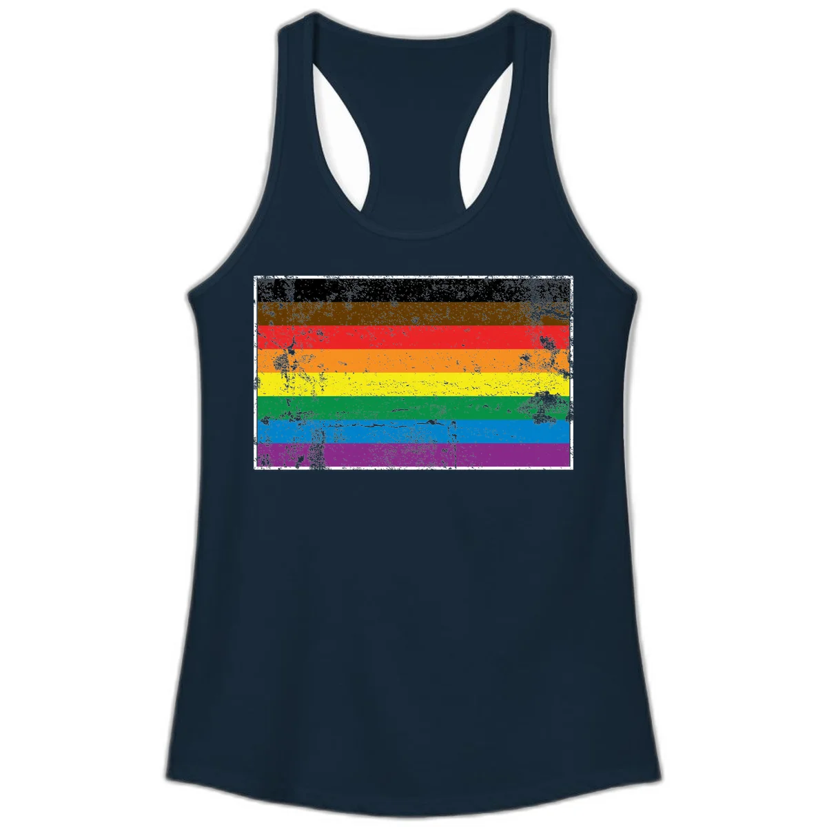 Distressed rainbow pride flag with eight horizontal stripes in black, brown, red, orange, yellow, green, blue, and purple in Solid Midnight Navy
