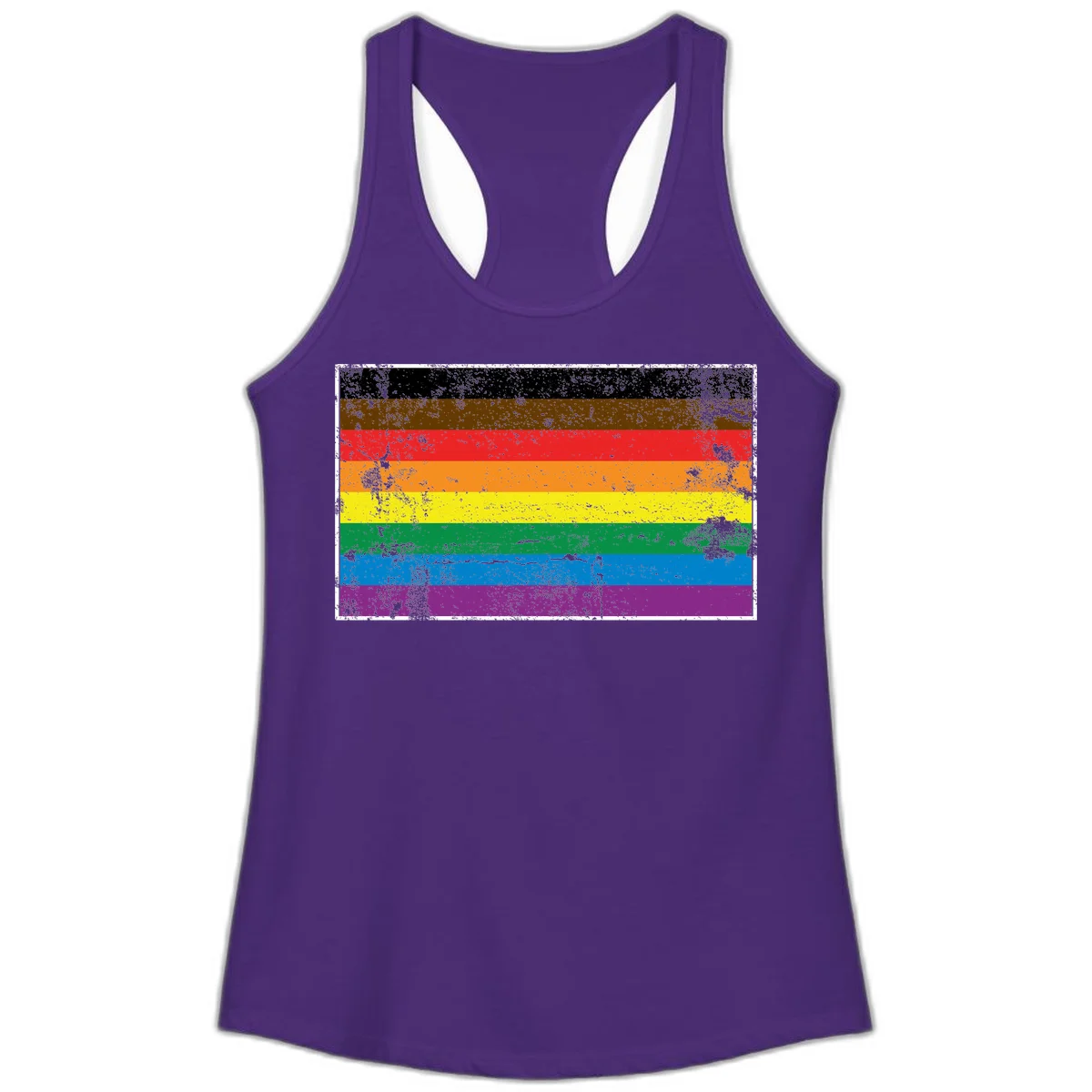 Distressed rainbow pride flag with eight horizontal stripes in black, brown, red, orange, yellow, green, blue, and purple in Solid Purple Rush