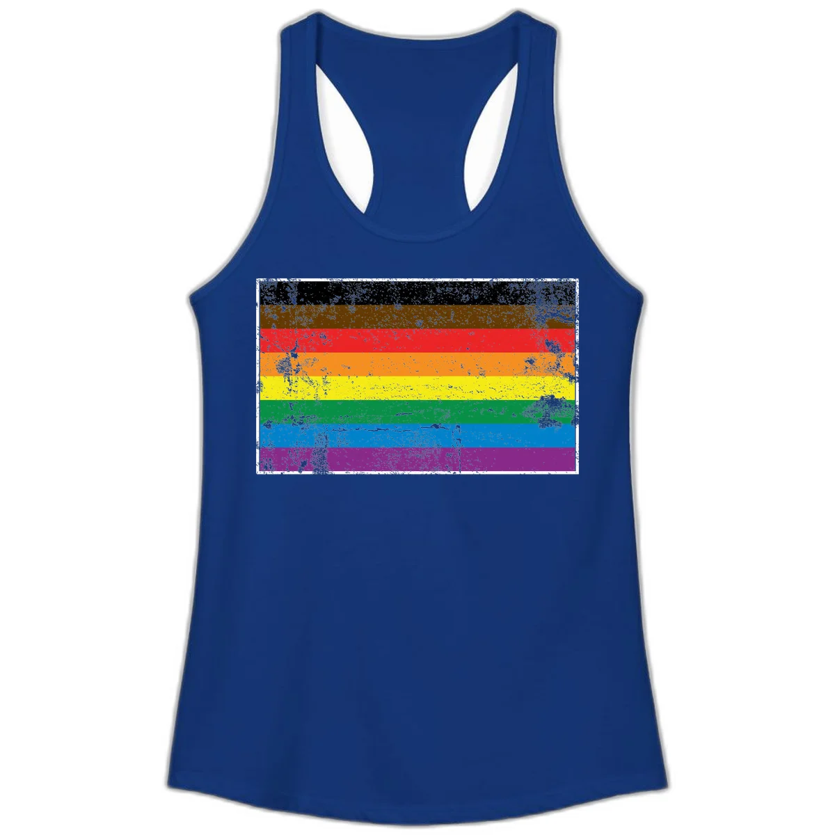 Distressed rainbow pride flag with eight horizontal stripes in black, brown, red, orange, yellow, green, blue, and purple in Solid Royal